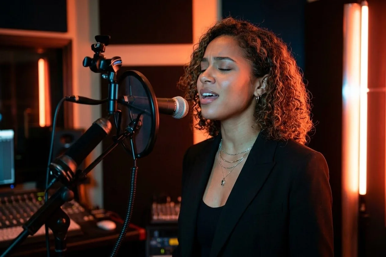 Une chanteuse en studio, les yeux fermés, chante devant un micro